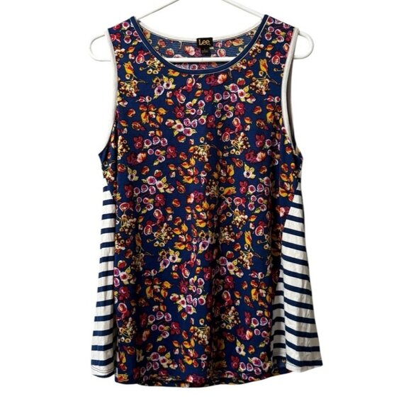 Lee Size Large Floral Striped Blouse Blocked Style Sleeveless Top Blue Boho NWT - Picture 1 of 10